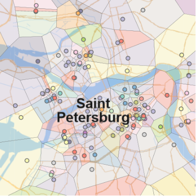 Voronoi diagram of the Saint-Petersburg bakeries